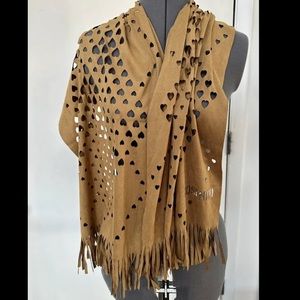 VINTAGE 1990s MOSCHINO BROWN FAUX SUEDE OBLONG SCARF LASER CUT HEARTS FRINGED